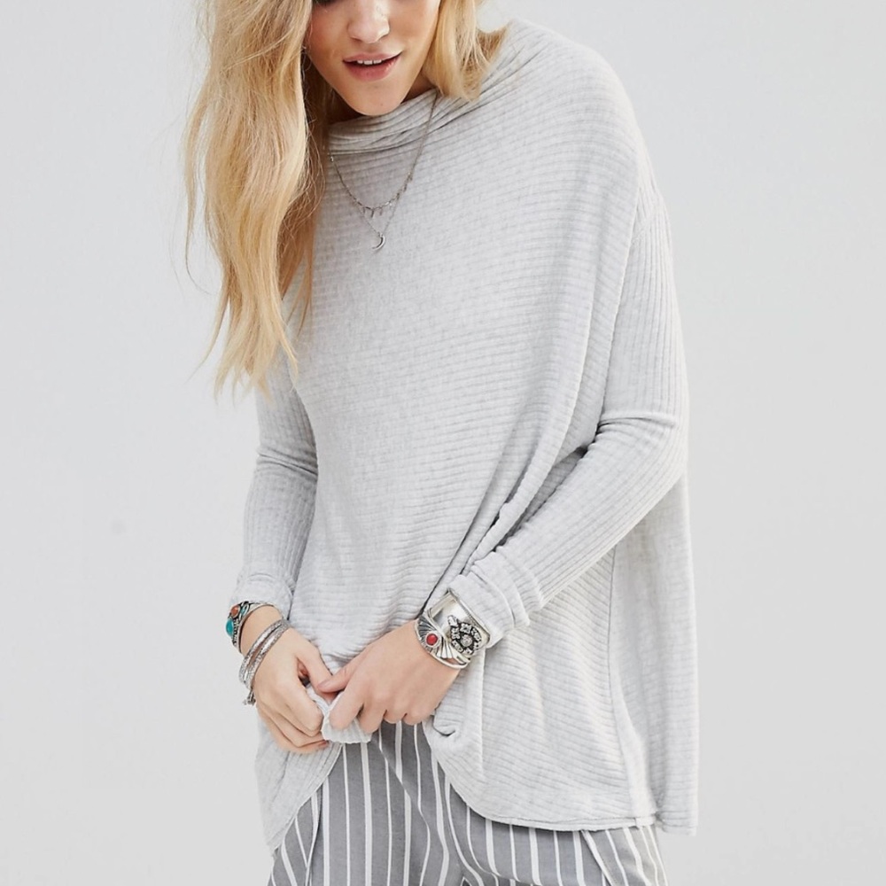 We the Free People Lover Rib Knit Split Back Pullover Gray Sweater